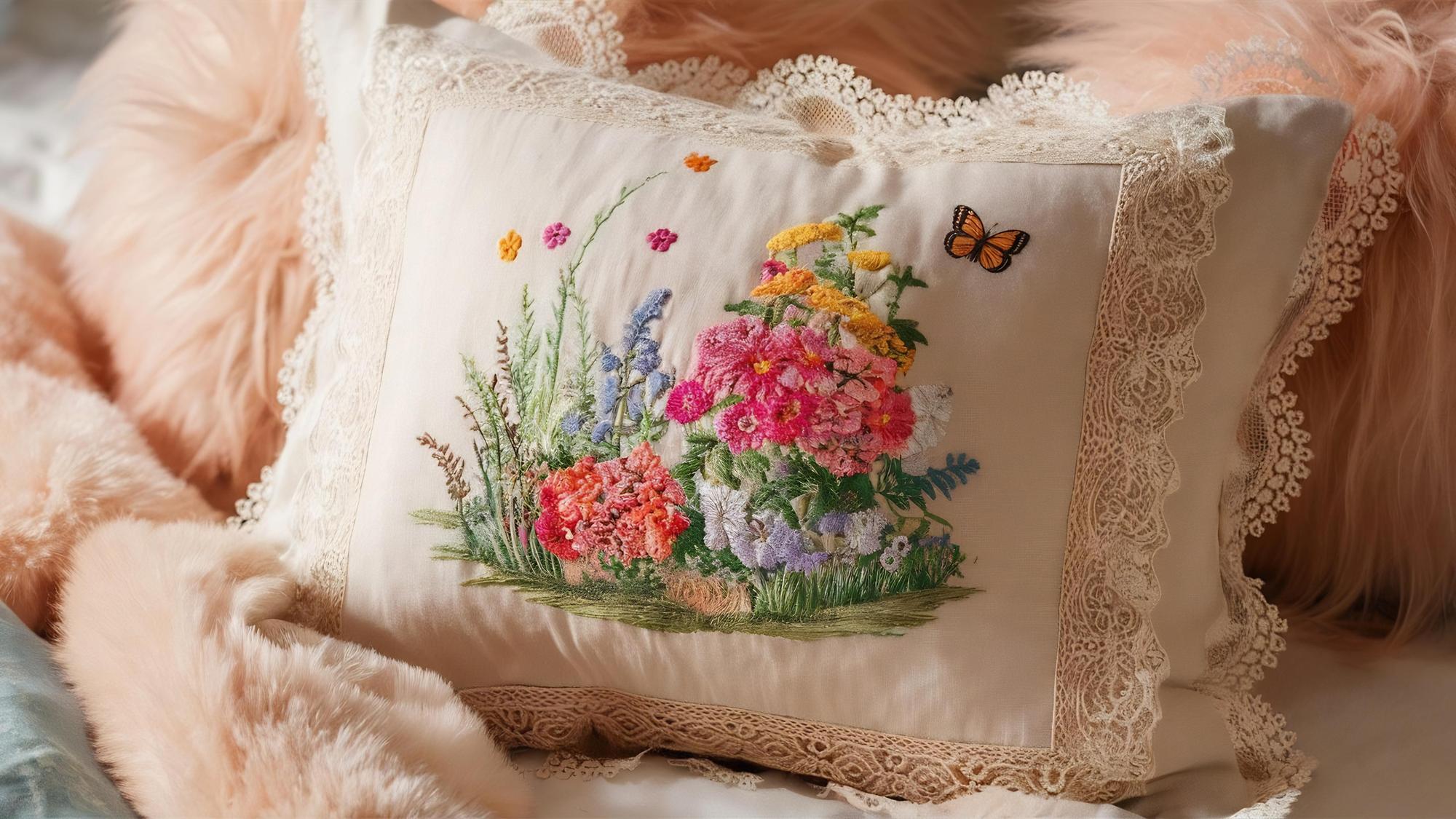 embroidered linen pillow with floral motif